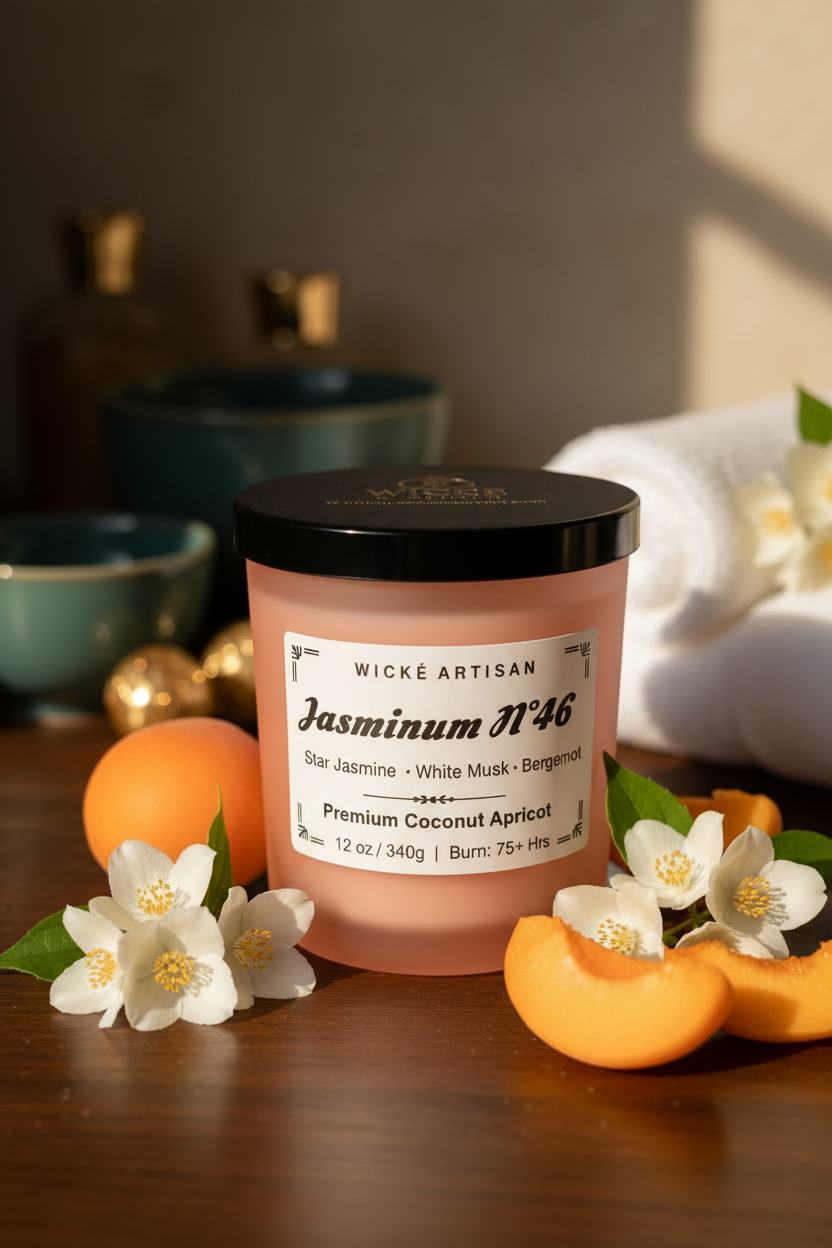 A Wické Artisan Jasmine No. 46 scented candle in a frosted peach-colored glass jar with a black lid and a white label, displayed on a white surface.