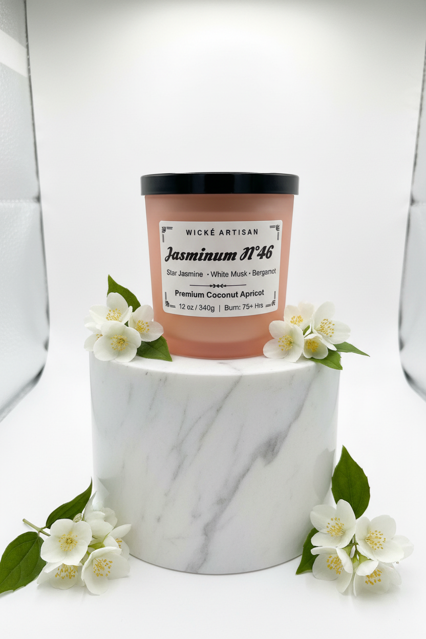 A Wické Artisan Jasmine No. 46 scented candle in a frosted peach-colored glass jar with a black lid and a white label, displayed on a white surface.