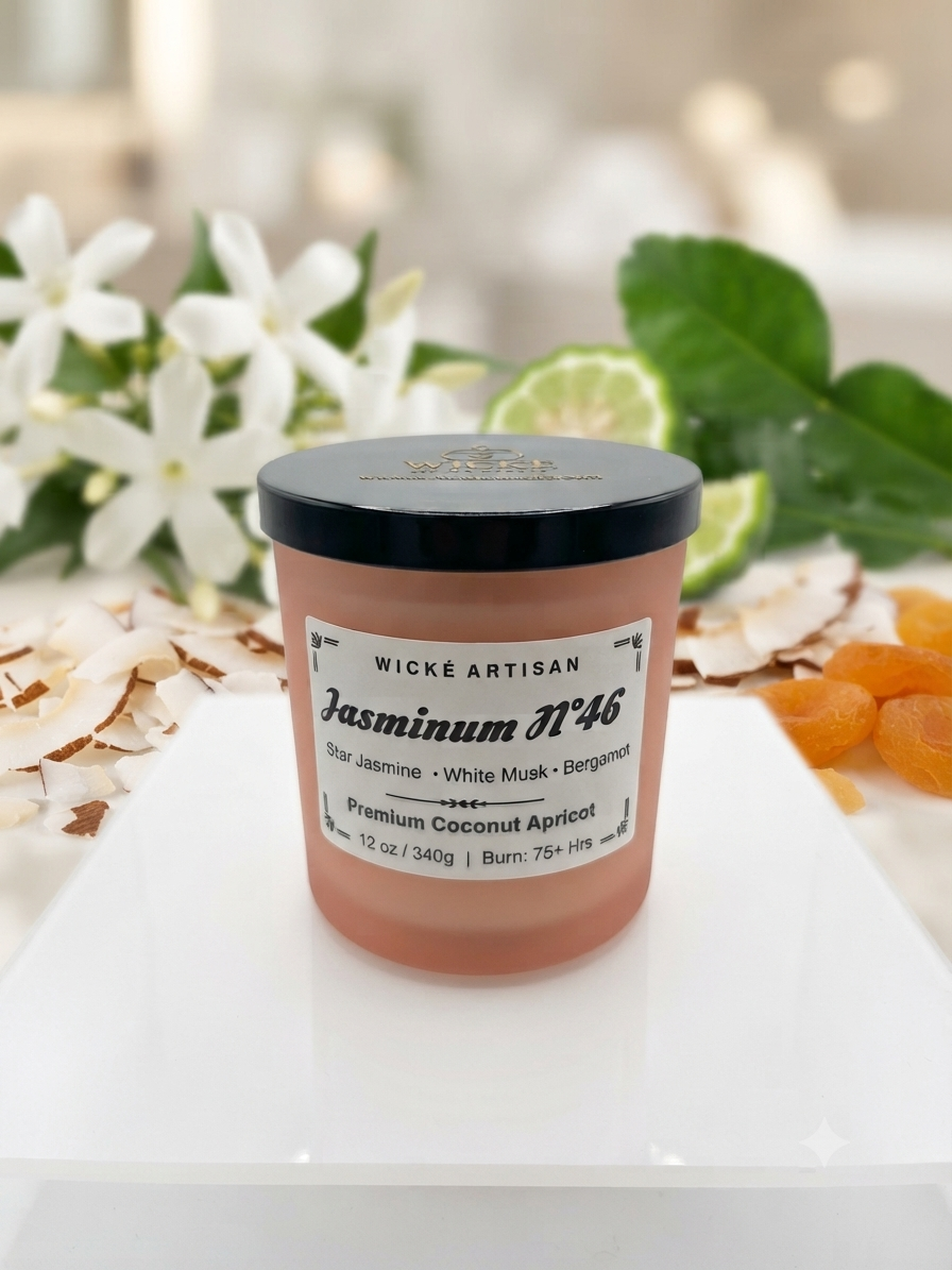 A jar candle labeled 'Wické Artisan Jasminum N°46' sits on a white surface with white flowers, green leaves, dried coconut flakes, and orange apricot slices in the background.