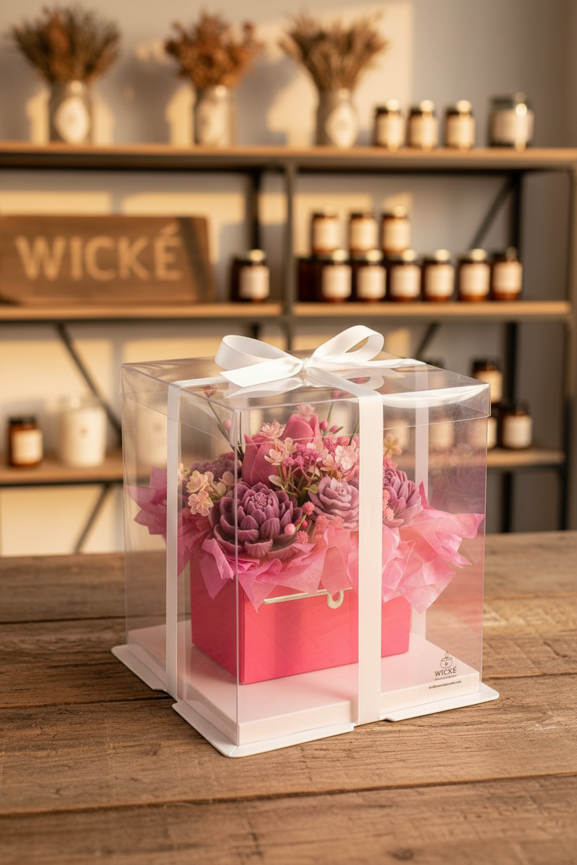 The 'Lavender Fields' luxury purple and pink quilted floral purse candle bouquet by Wické Artisan Candle, beautifully presented inside its clear premium acrylic display gift box with a white satin ribbon bow.
