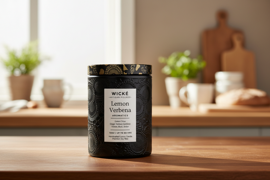 Wické Lemon Verbena candle with decorative black packaging on a white background