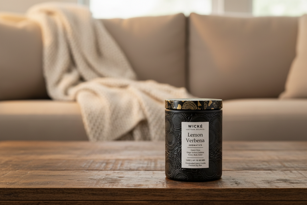 Wické Lemon Verbena candle with decorative black packaging on a white background
