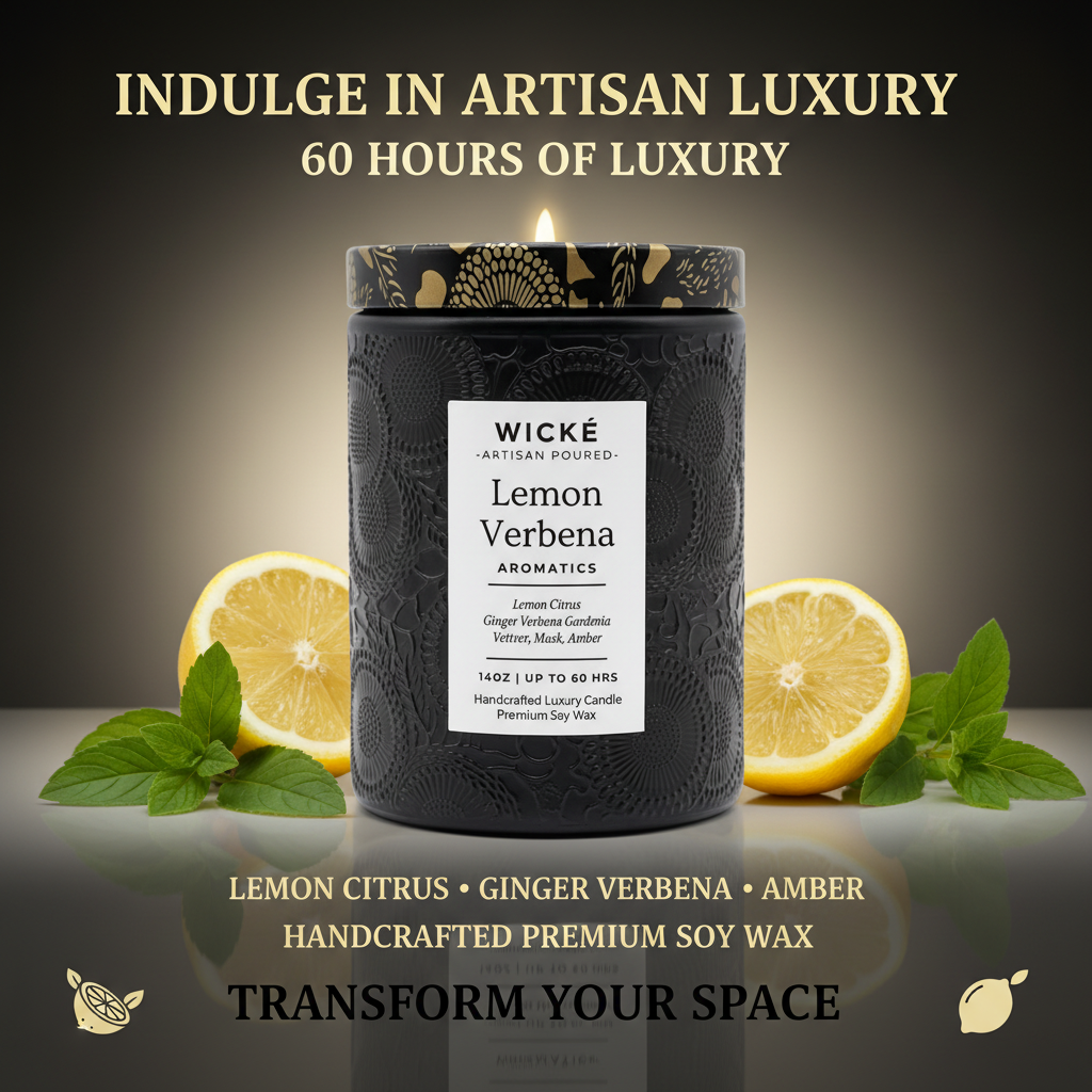 Wické Lemon Verbena candle with decorative black packaging on a white background