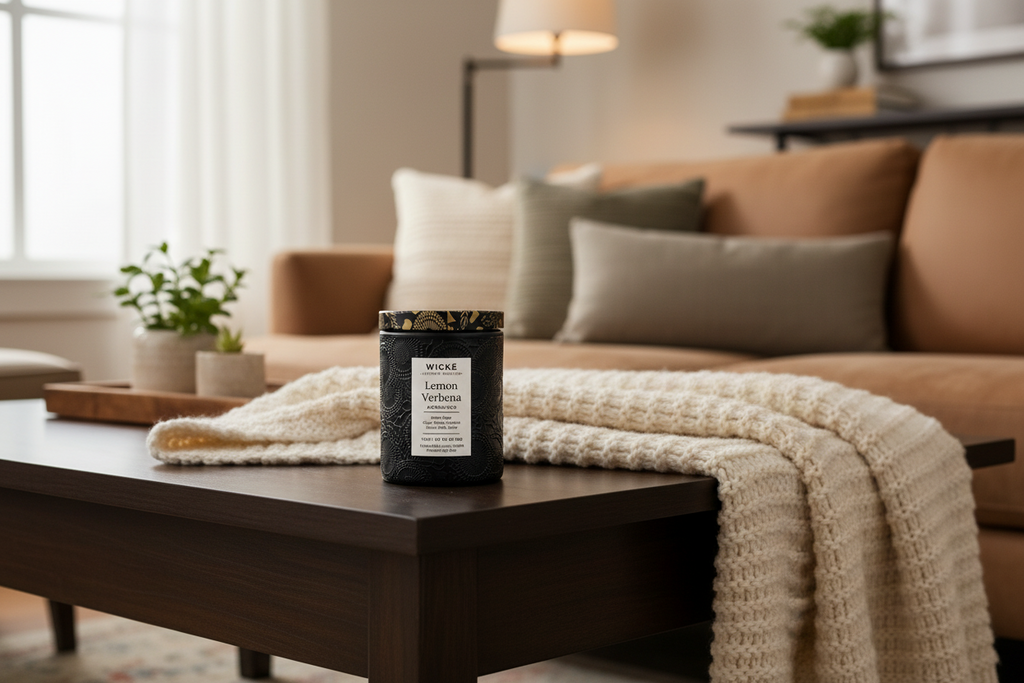 Wické Lemon Verbena candle with decorative black packaging on a white background