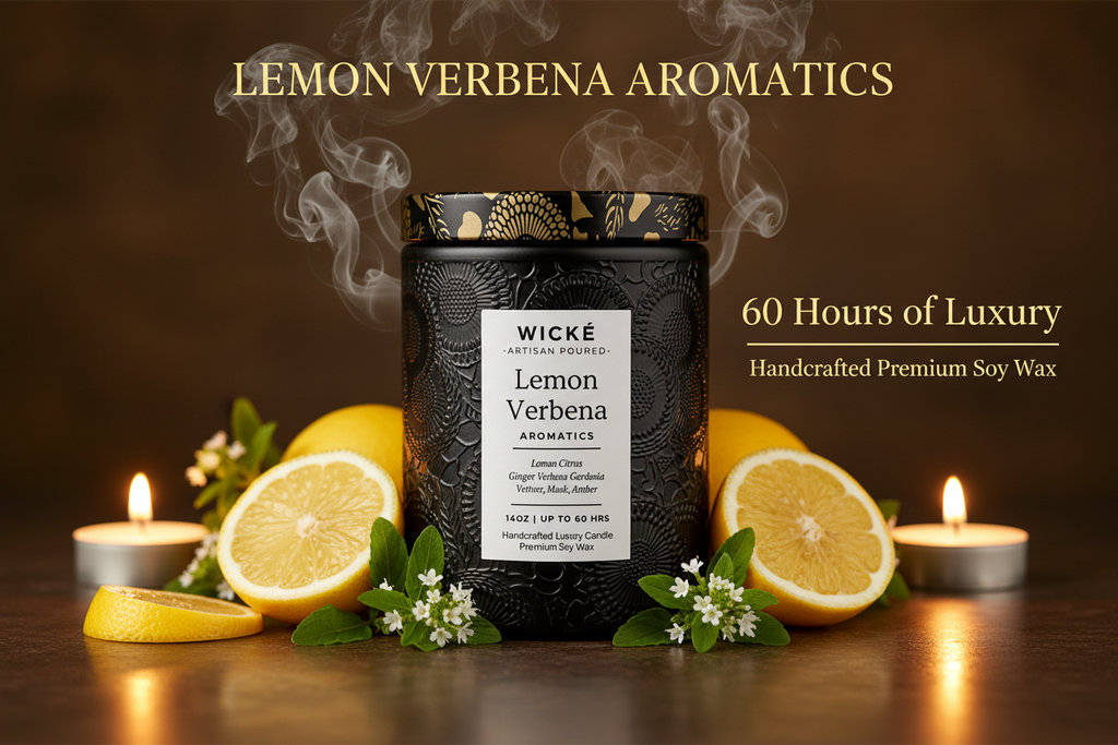 Wické Lemon Verbena candle with decorative black packaging on a white background