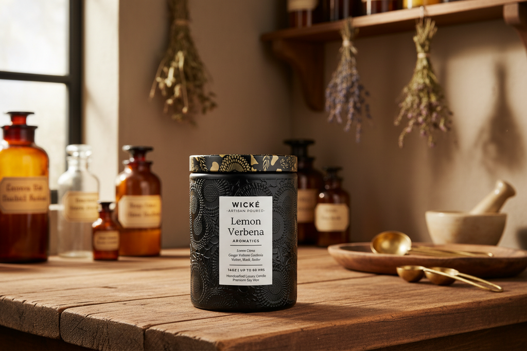Wické Lemon Verbena candle with decorative black packaging on a white background