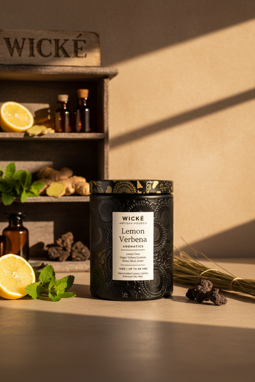 Wické Lemon Verbena candle with decorative black packaging on a white background