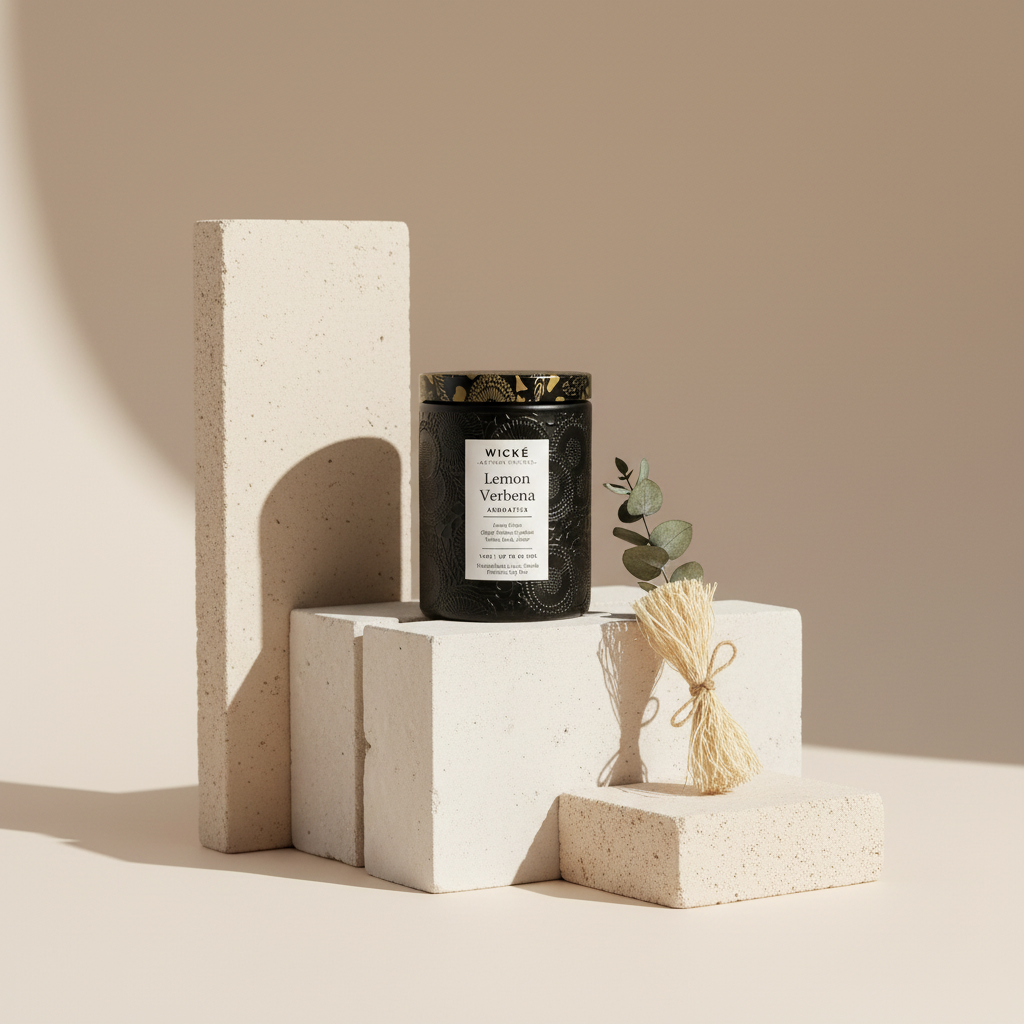 Wické Lemon Verbena candle with decorative black packaging on a white background