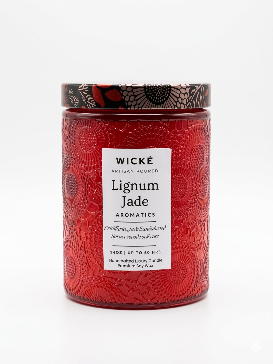 Red candle jar with decorative label on a white background