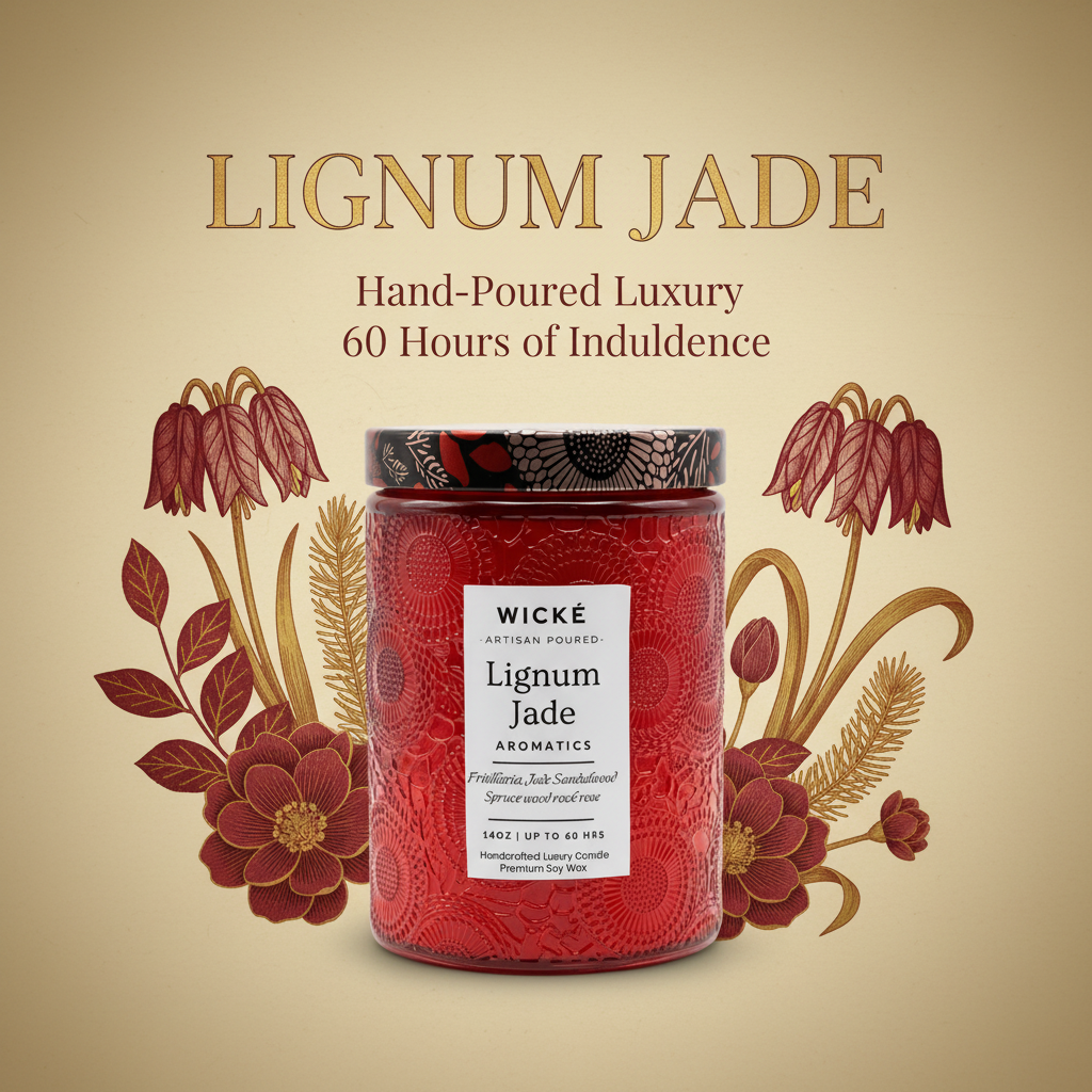 Red candle jar with decorative label on a white background