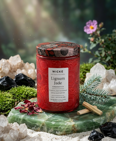 Red candle labeled 'Wicke' on a green stone surface with natural elements