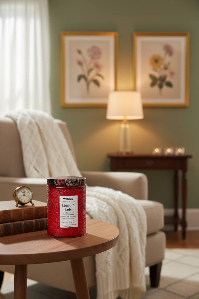 Red candle jar with decorative label on a white background
