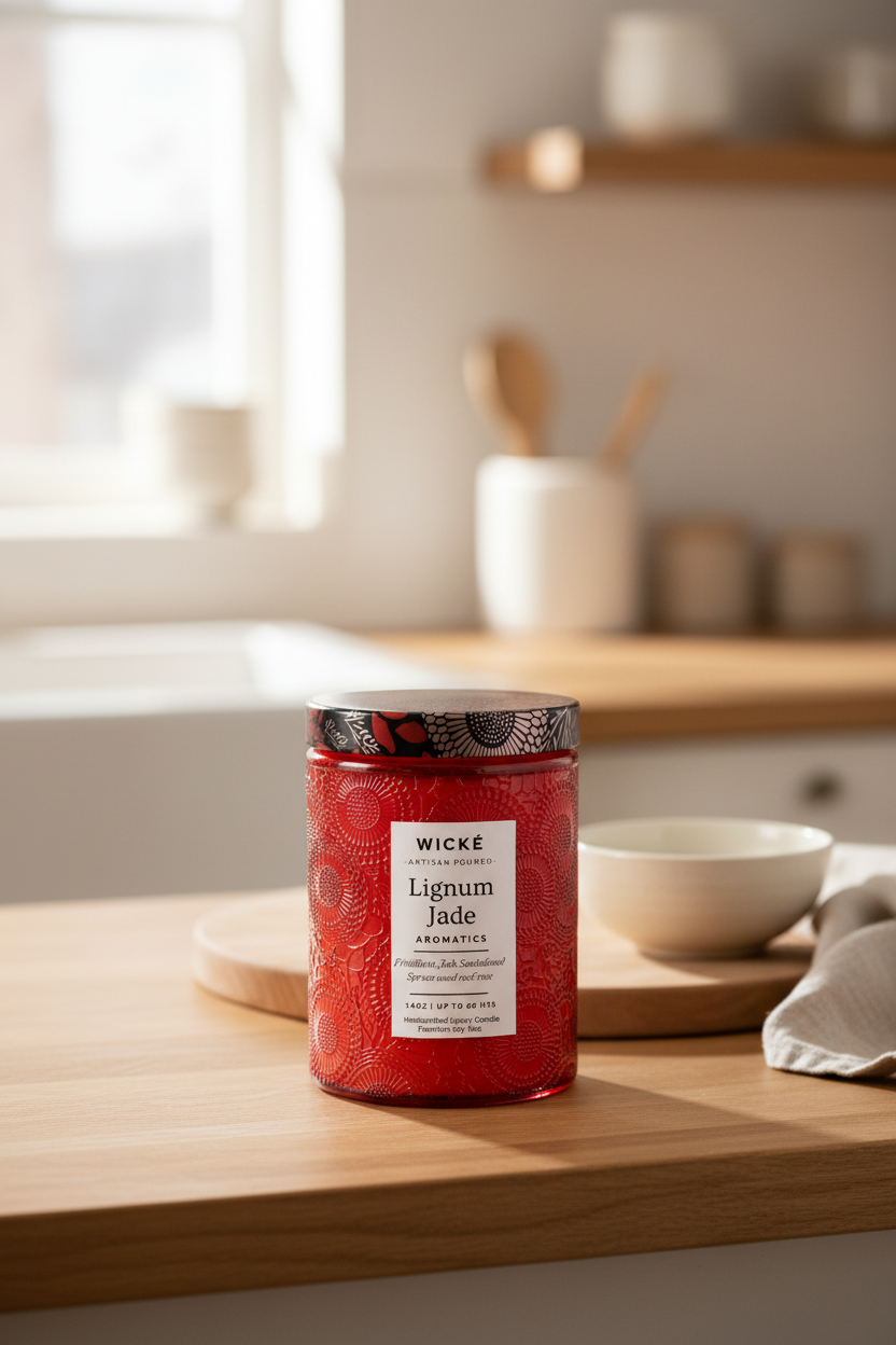Red candle jar with decorative label on a white background