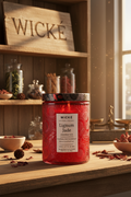 Red candle jar with decorative label on a white background