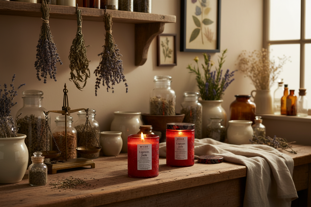 Red candle jar with decorative label on a white background