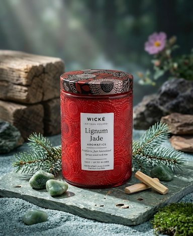Red candle labeled 'Lignum Jade' by Wicke on a natural setting with stones and plants.