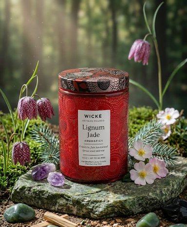 Red candle labeled 'Wicke Lignum Jade' on a stone surface with flowers and nature in the background