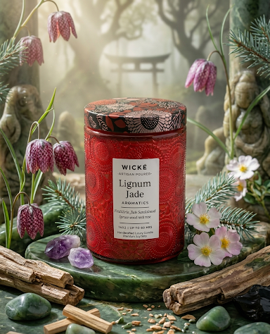 Red candle labeled 'Lignum Jade' surrounded by decorative elements like flowers and stones.