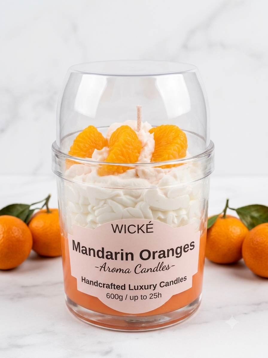 A clear glass jar candle with a clear dome lid, filled with white wax and topped with orange mandarin slices. The front label reads 'WICKÉ Mandarin Oranges'.