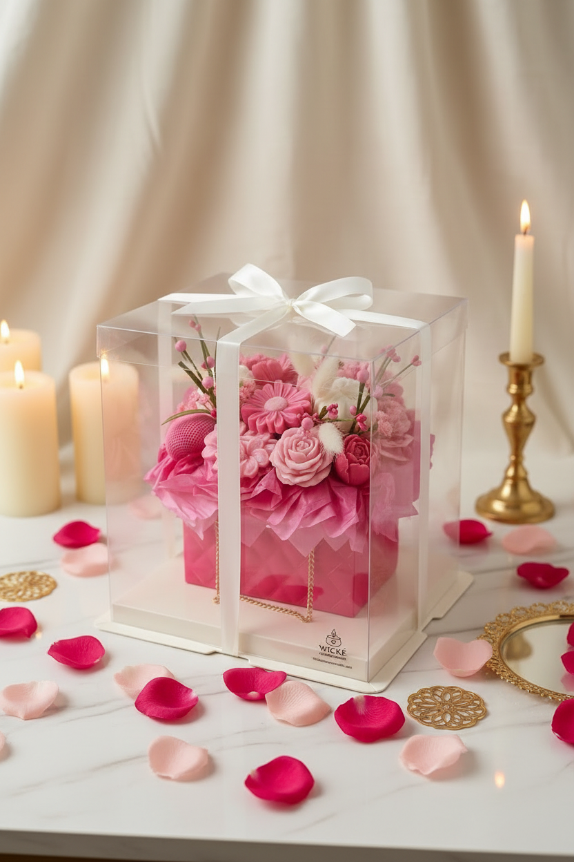 The 'Blush Garden' luxury pink quilted floral purse candle bouquet by Wické Artisan Candle, meticulously presented inside its premium clear acrylic display gift box with a white satin ribbon bow.