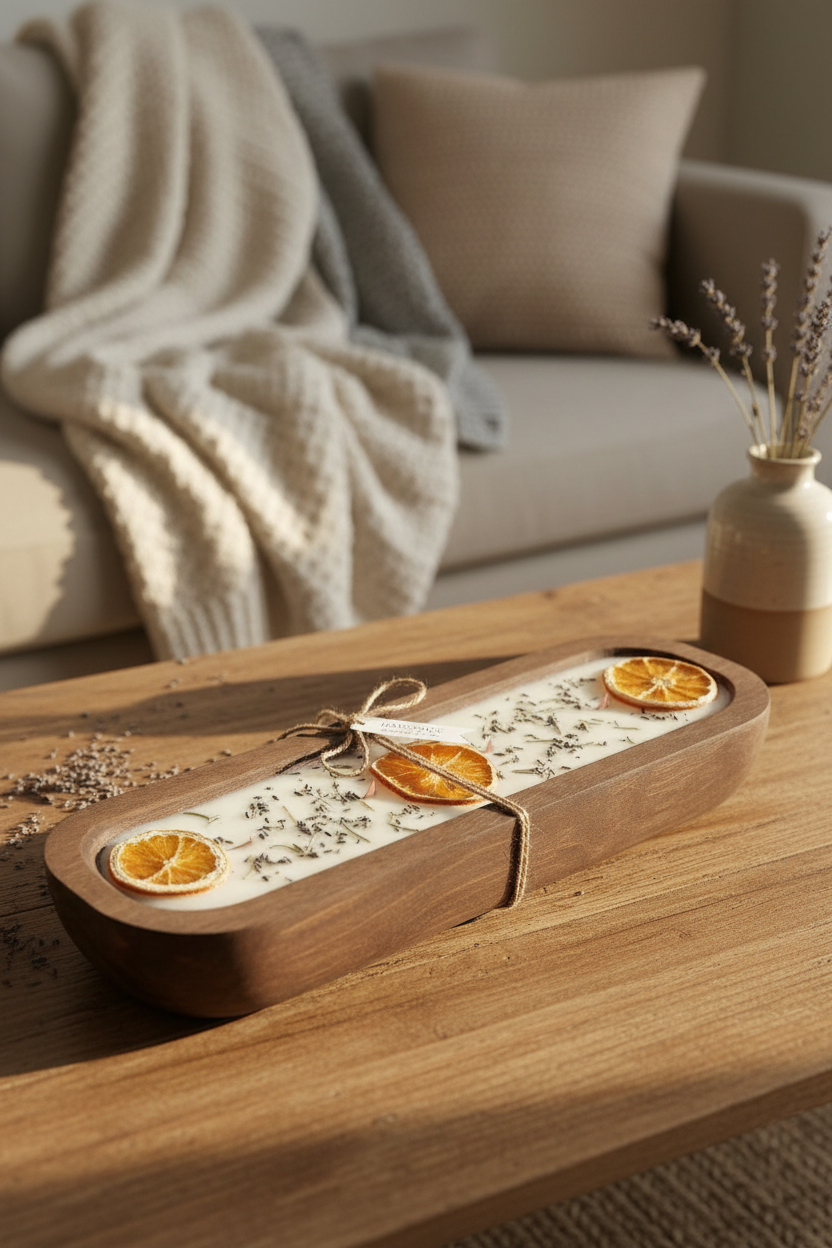 A rectangular wooden tray holding a white candle with dried orange slices and lavender sprigs, tied with twine and a small tag, set on a rustic wooden table near a window.