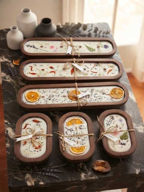 Five oval wooden trays containing white wax melts with dried botanicals, orange slices, and small tags, arranged on a dark marble surface with decorative vases in the background.