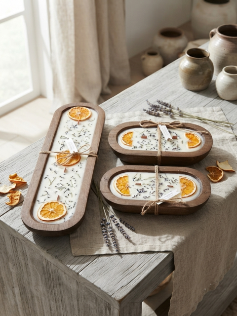 Three wooden trays containing white wax candles with dried orange slices, lavender buds, and small tags, arranged on a rustic wooden table with linen and ceramic vases in the background.