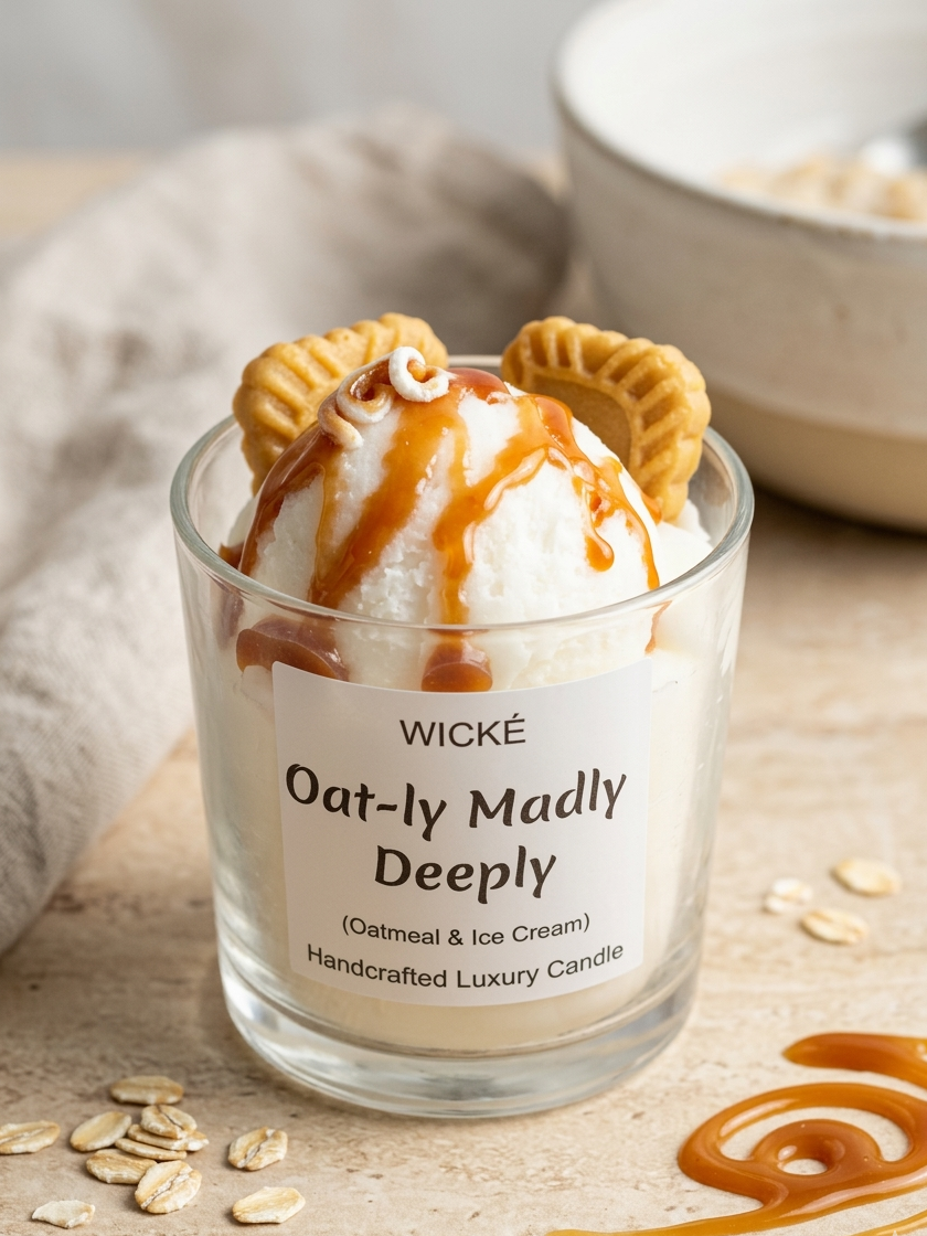 Wické Oat-ly Madly Deeply handcrafted luxury candle with wax biscuits, oatmeal texture, and caramel drizzle.