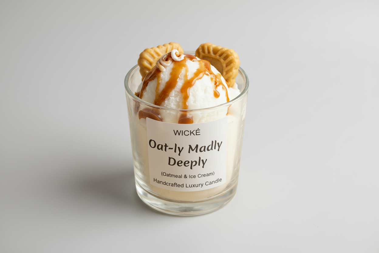 Wické candle labeled 'Oat-ly Madly Deeply' with ice cream and cookies on top, set against a neutral background.