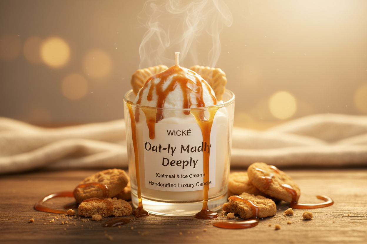 Wické Oat-ly Madly Deeply handcrafted luxury candle with wax biscuits, oatmeal texture, and caramel drizzle.