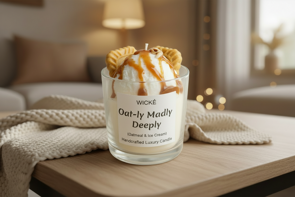 Wické Oat-ly Madly Deeply handcrafted luxury candle with wax biscuits, oatmeal texture, and caramel drizzle.
