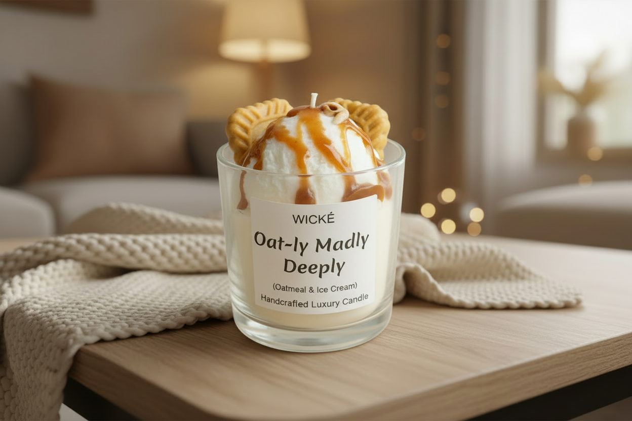 Wické Oat-ly Madly Deeply handcrafted luxury candle with wax biscuits, oatmeal texture, and caramel drizzle.