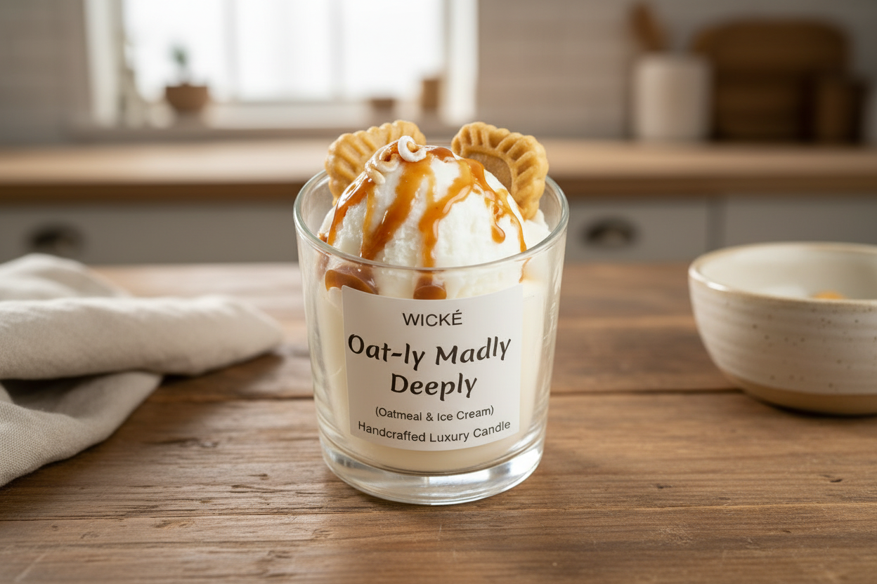 Wické Oat-ly Madly Deeply handcrafted luxury candle with wax biscuits, oatmeal texture, and caramel drizzle.