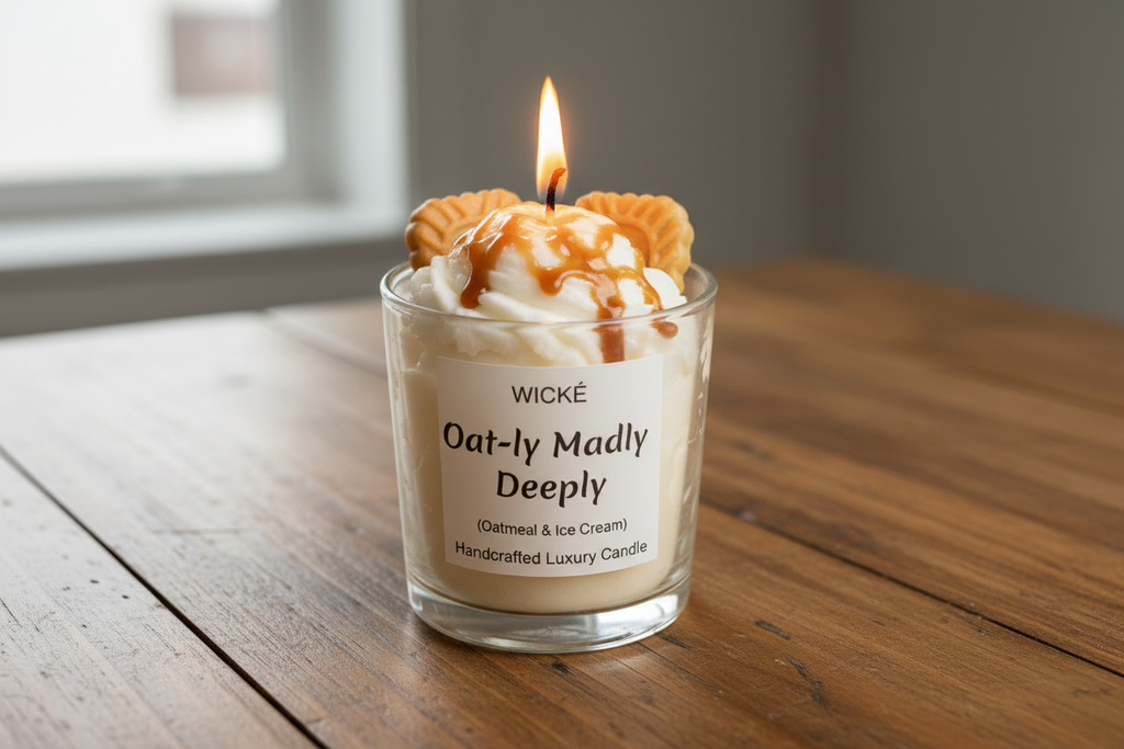 Wické Oat-ly Madly Deeply handcrafted luxury candle with wax biscuits, oatmeal texture, and caramel drizzle.