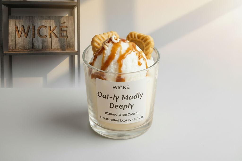 Wické Oat-ly Madly Deeply handcrafted luxury candle with wax biscuits, oatmeal texture, and caramel drizzle.