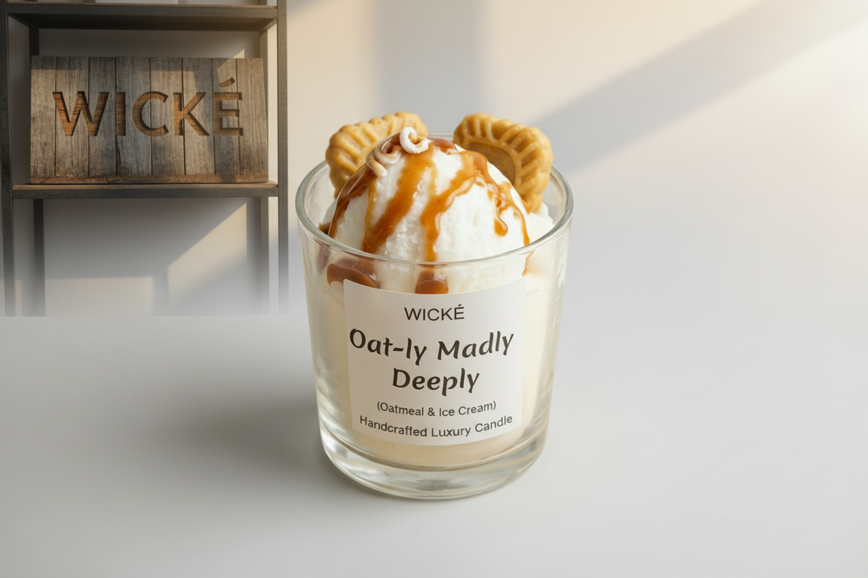 Wické Oat-ly Madly Deeply handcrafted luxury candle with wax biscuits, oatmeal texture, and caramel drizzle.
