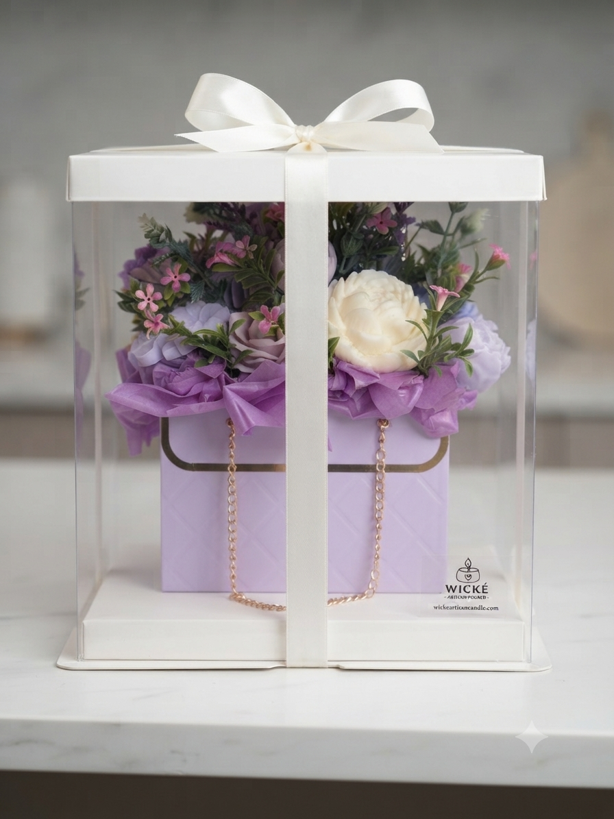 Purple Floral Purse Candle Bouquet by Wické, made with hand-poured wax