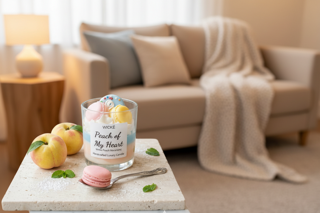 Wické Peach of My Heart handcrafted dessert candle with wax macarons and peaches