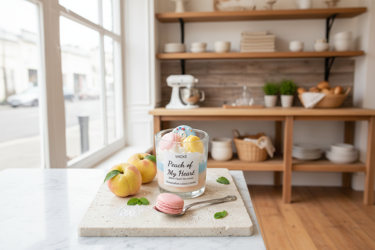 Wické Peach of My Heart handcrafted dessert candle with wax macarons and peaches