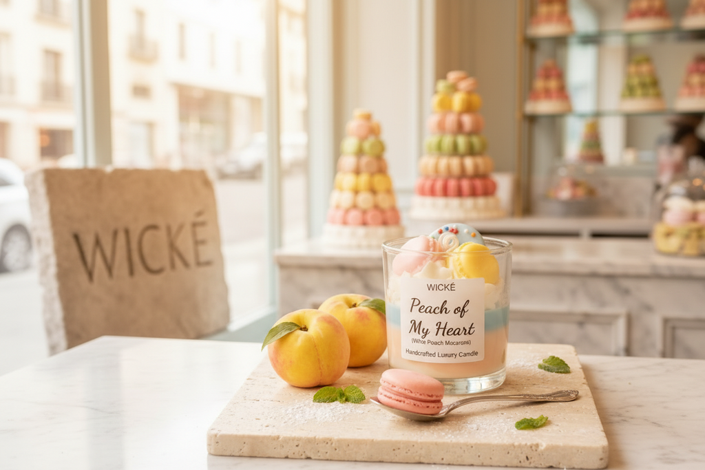 
Wické Peach of My Heart handcrafted dessert candle with wax macarons and peaches


