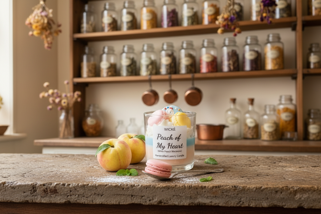 
Wické Peach of My Heart handcrafted dessert candle with wax macarons and peaches
