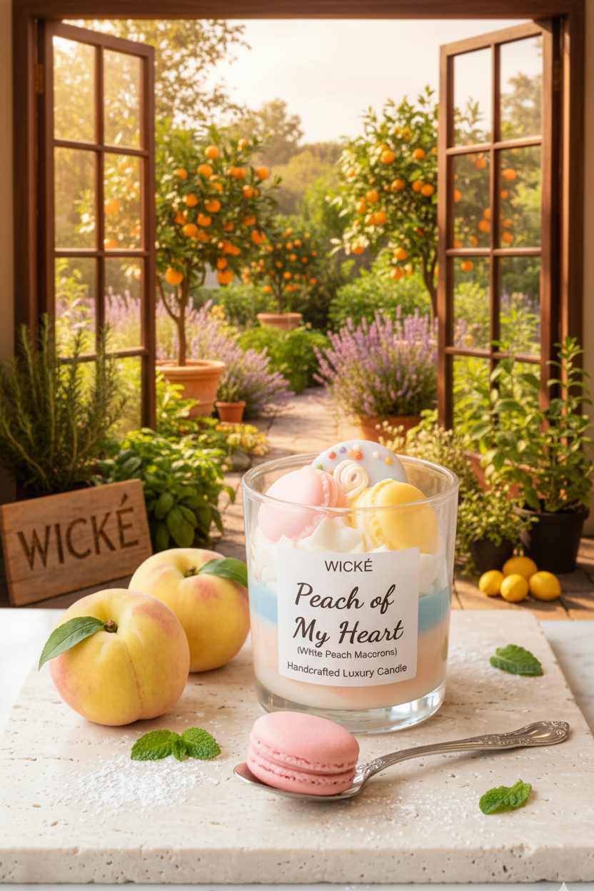 
Wické Peach of My Heart handcrafted dessert candle with wax macarons and peaches
