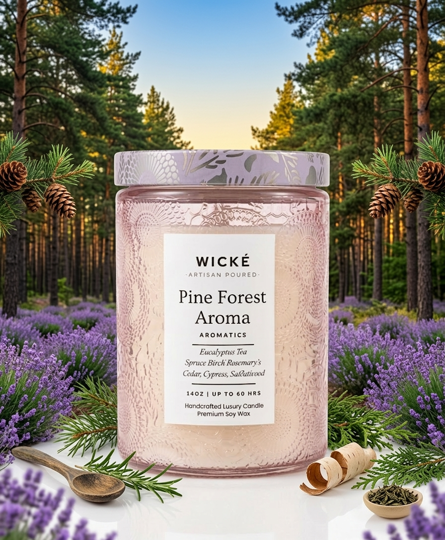 Wické Pine Forest Aroma candle in a forest setting with lavender and pine cones.