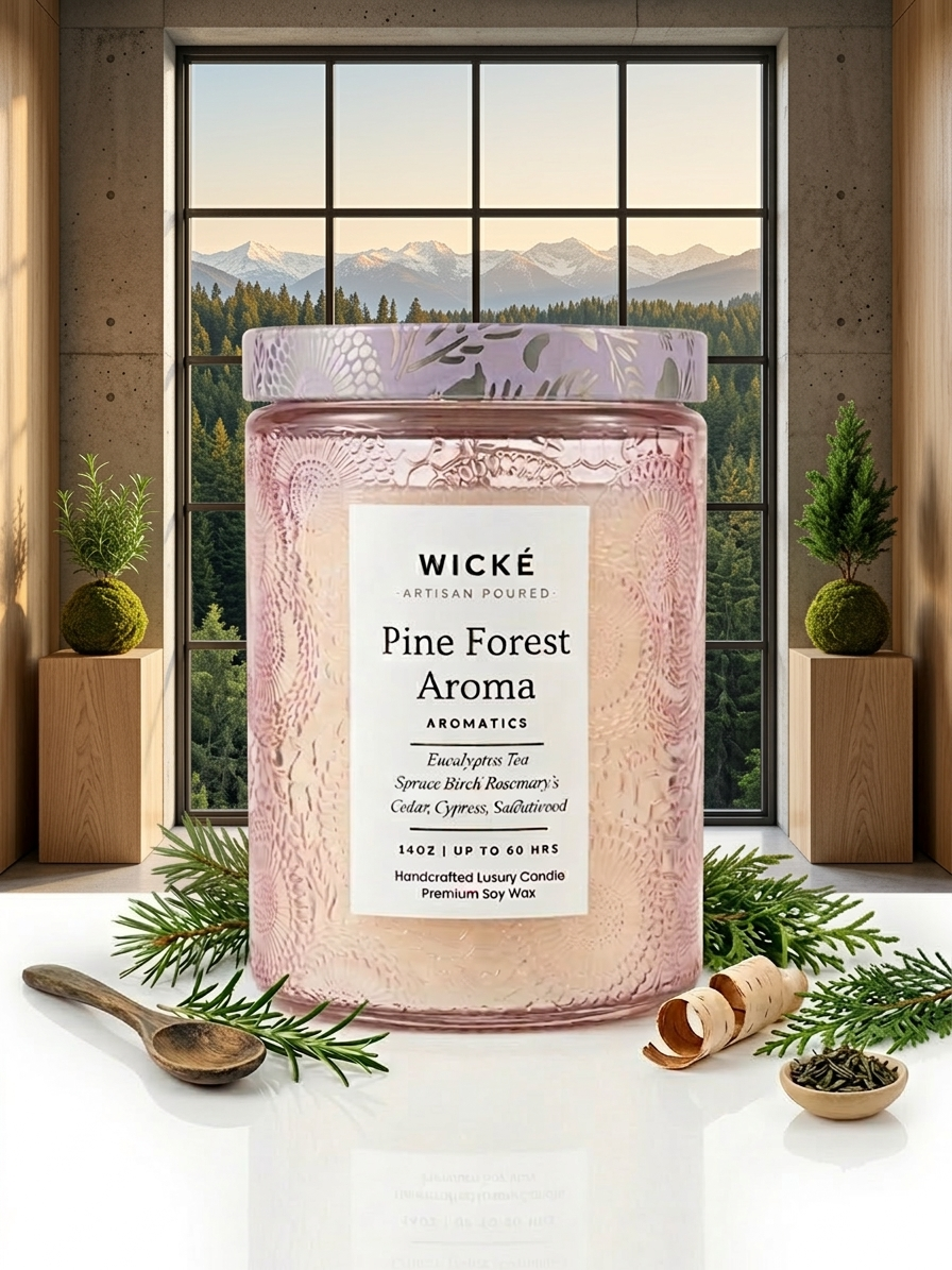 Pink candle labeled 'Pine Forest Aroma' by Wicke on a surface with decorative elements and a window view.