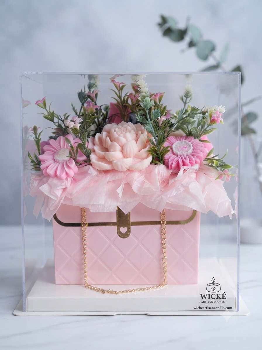 Pink Floral Purse Candle Bouquet by Wické, made with hand-poured wax