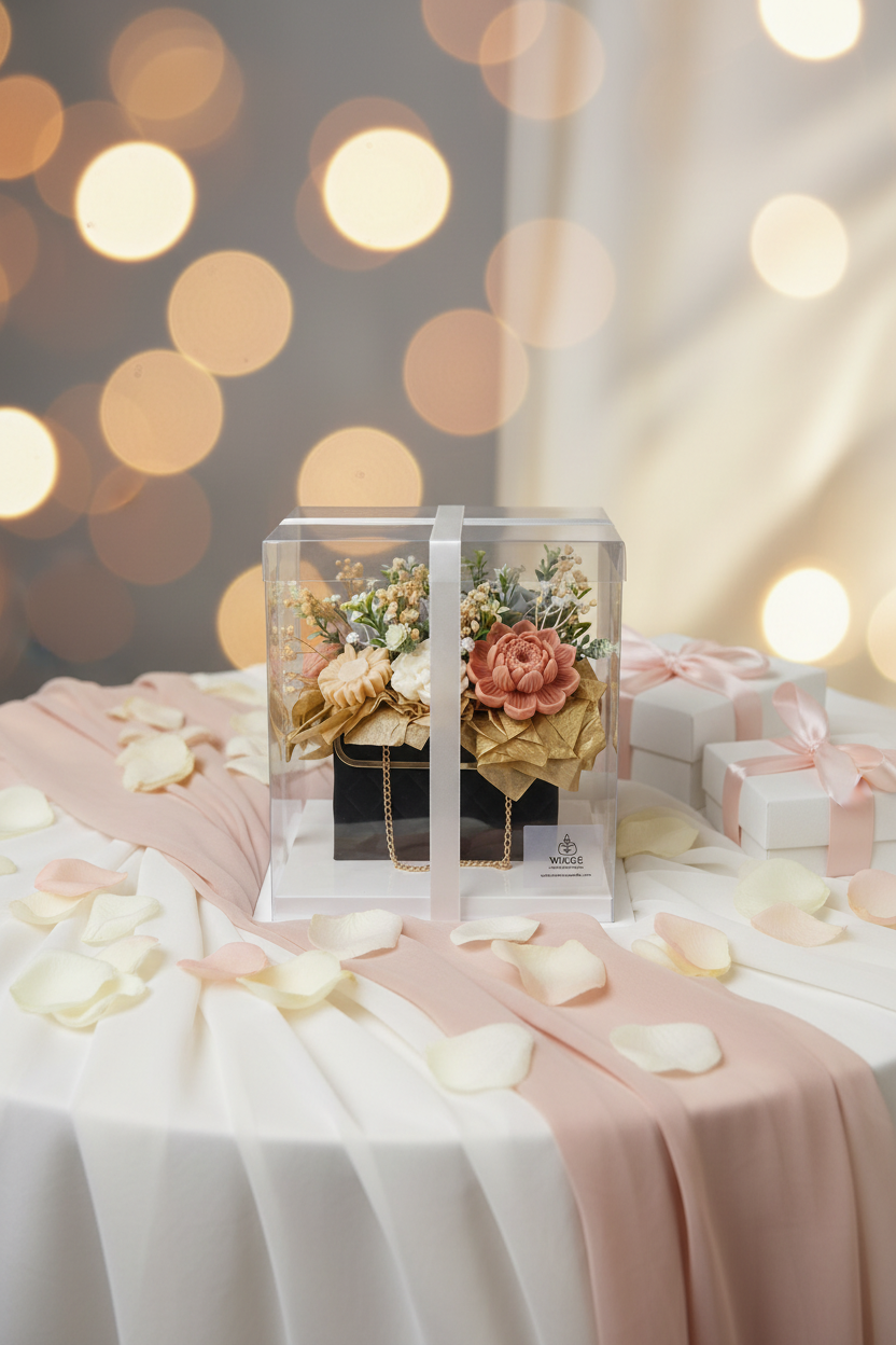 candle bouquet by Wické Artisan Candle, beautifully presented inside its clear premium acrylic display gift box with a white satin ribbon bow.