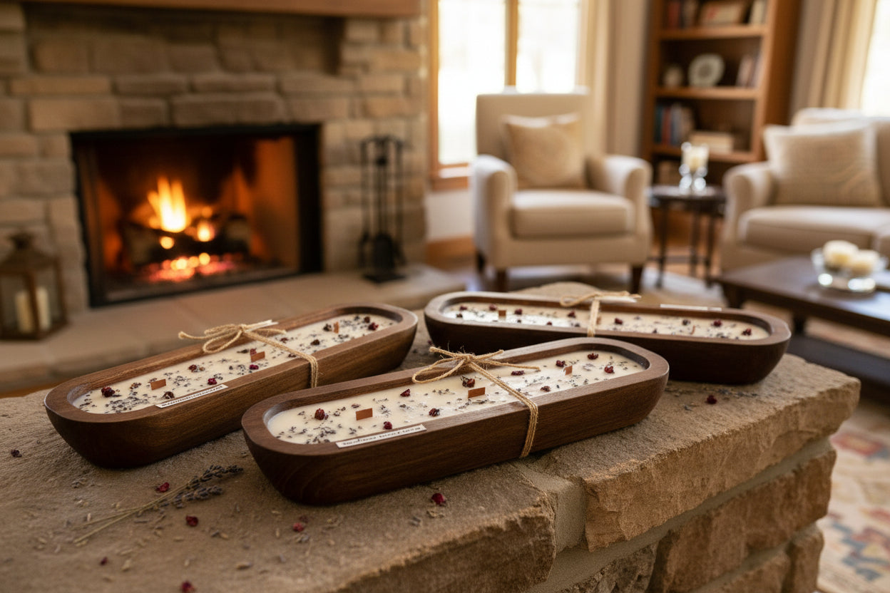 Three rectangular wooden CANDLESlabeled A, B, and C, each filled with white soap and dried botanicals, tied with twine and shown against a plain white background.