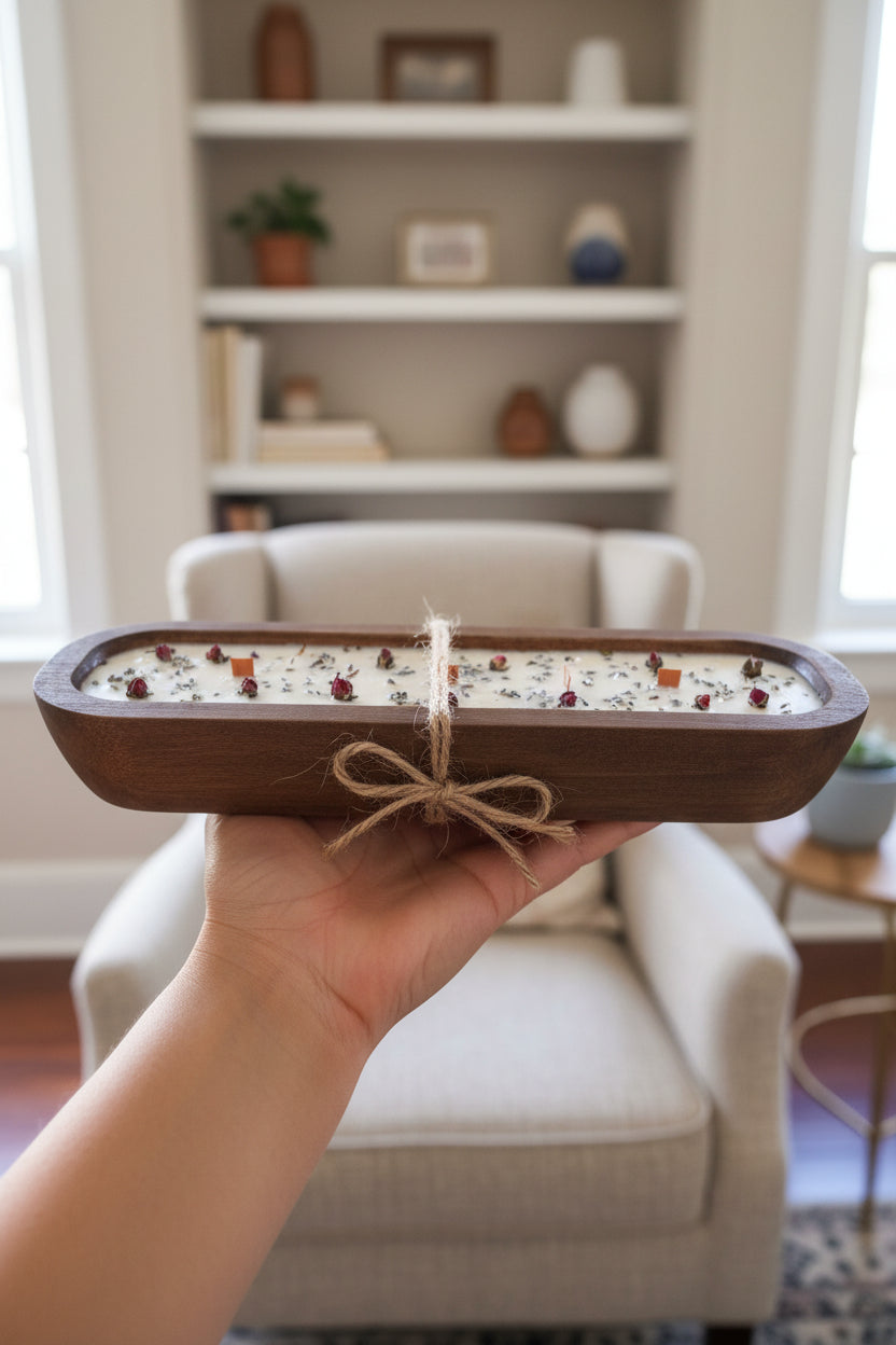 Three rectangular wooden candle boats filled with white wax, decorated with dried rose petals and small botanical pieces, shown side by side.