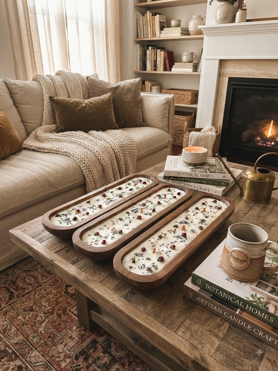 Three rectangular wooden trays holding white candles with dried botanicals, arranged on a rustic wooden coffee table in a cozy living room with a fireplace, sofa, and books.