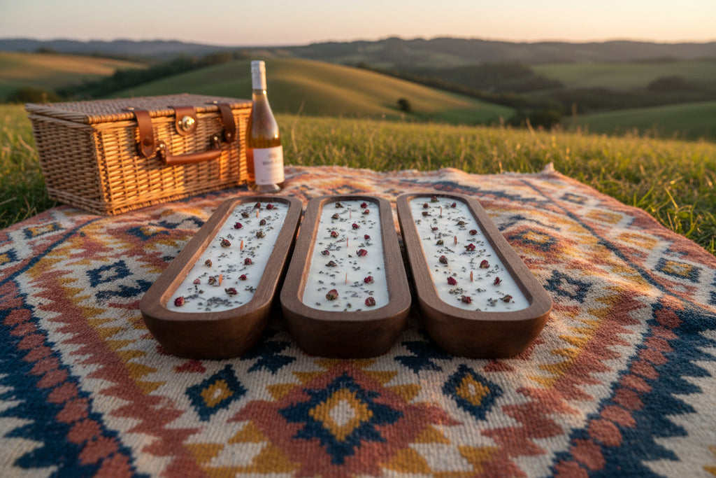 Three rectangular wooden candle boats filled with white wax, decorated with dried rose petals and small botanical pieces, shown side by side.